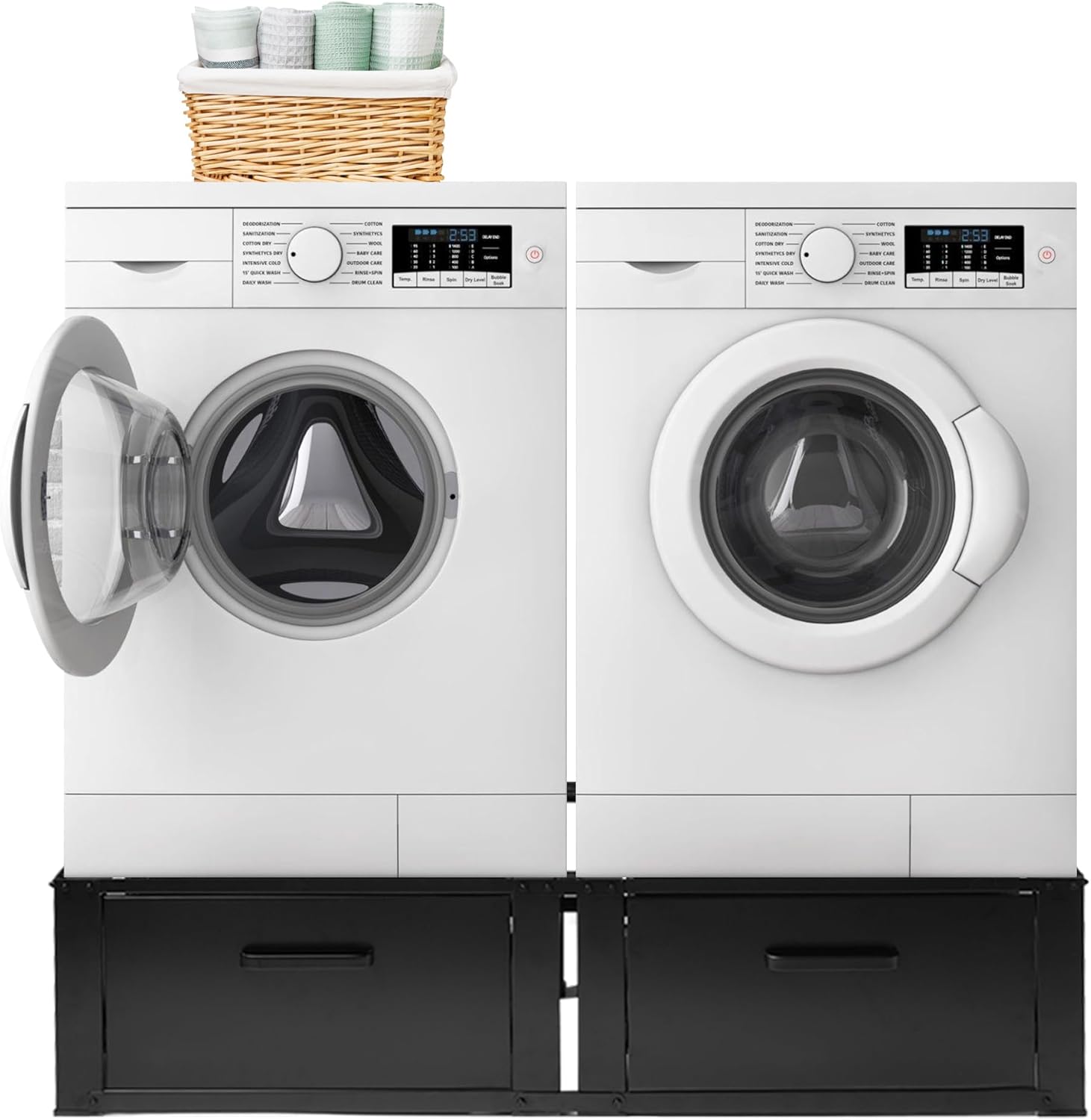 Vonia Rehausseur Double pour Lave-Linge et Sèche-Linge – Avec Tiroir – Support Machine à Laver Robuste – Noir