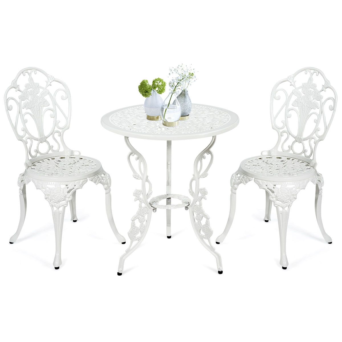 Ensemble Table et 2 Chaises pour Jardin en Aluminium en Forme de Rose Blanc Résistant aux Intempéries -