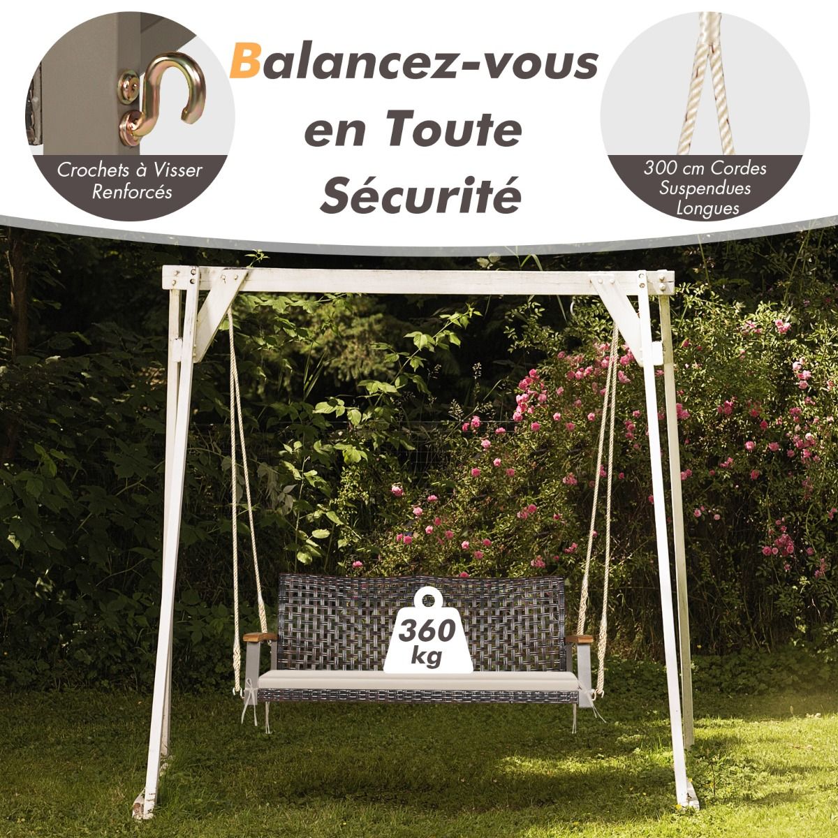 Banc Suspendu de Jardin en Rotin 2 Place Accoudoirs en Bois d'Acacia Cadre en Mtal Coussin Cordes Crochets Blanc/Noir -