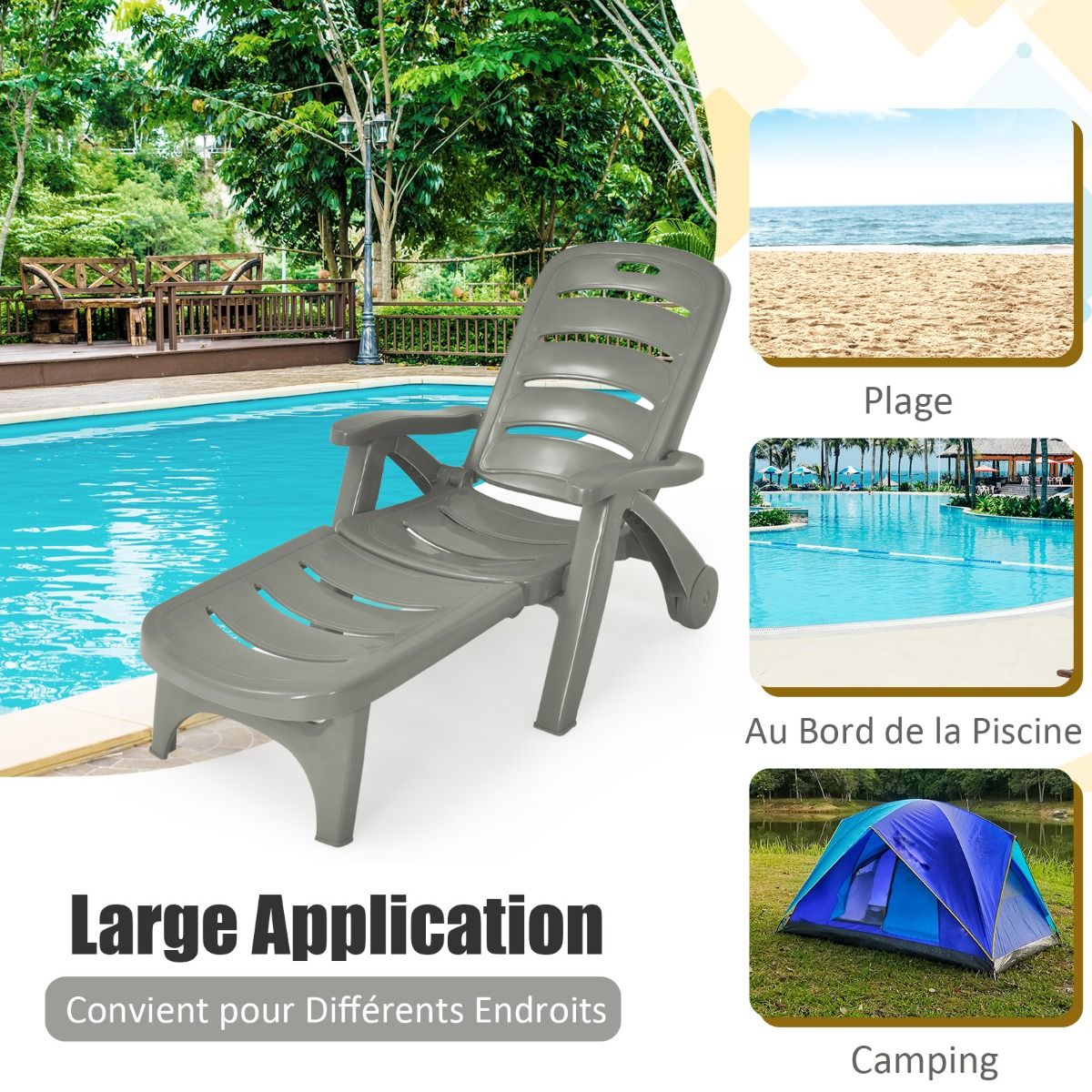 Chaise Longue Pliable Dossier Inclinable  5 Positions avec Roues Intgres pour Terrasse Jardin Piscine 150 kg Gris/Blanc/Bleu -