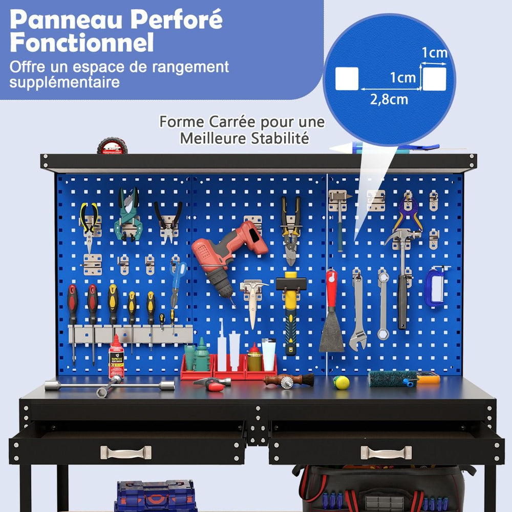 Établi de Bricolage 121 x 61 cm Table de Travail en Métal de 230 kg avec 3 Panneaux Perforés 24 Accessoires de Suspension Noir/Bleu Marine -