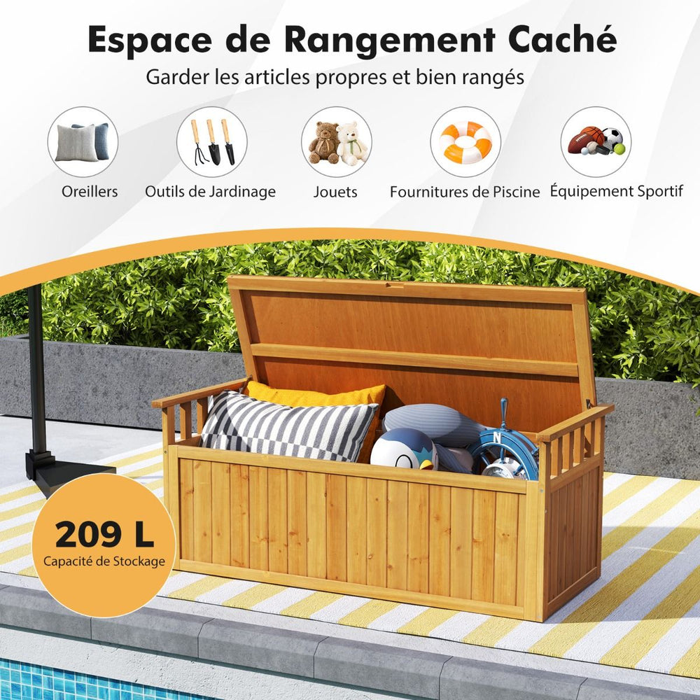 Banc de Rangement en Bois Banc d'Extérieur à 2 Places de 209 L avec Accoudoirs Coffre de Stockage en Bois Charge 100KG Naturel -