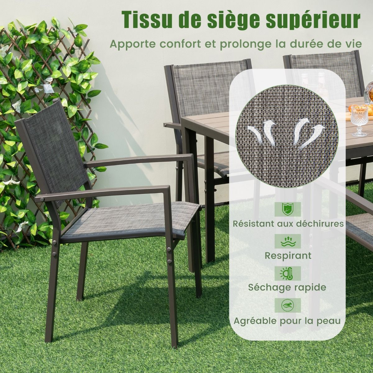 Ensemble de Meubles de Patio 7 Pices pour 6 Personnes Salon de Jardin avec 6 Chaises Empilables et Table Rectangulaire Gris -