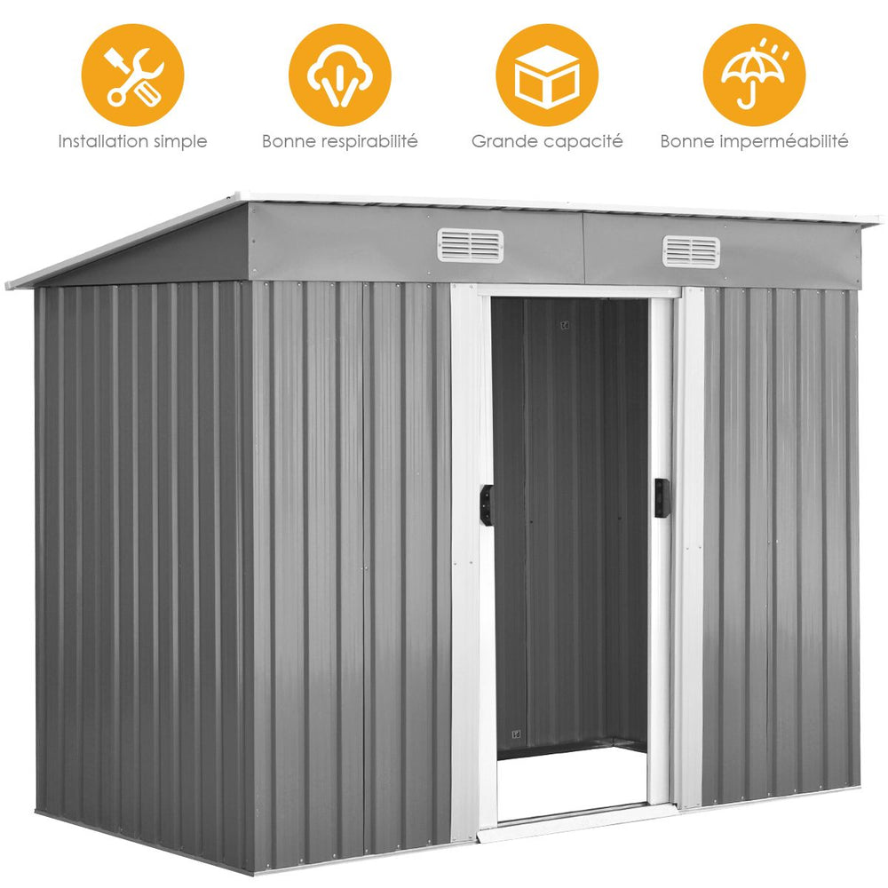 Abri de Jardin  l'Extrieur en Acier Galvanis avec 2 Portes,4 Bouches d'Aration pour Stocker Outils 238 x 131 x 181CM Gris+Blanc -