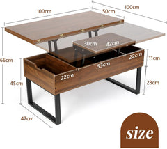 VOWNER Table Basse Relevable, Table de Salon Multifonctionnelle 3 en 1 avec Rangement Caché, Table Basse Convertible Manger de Salon, Couleur Noyer