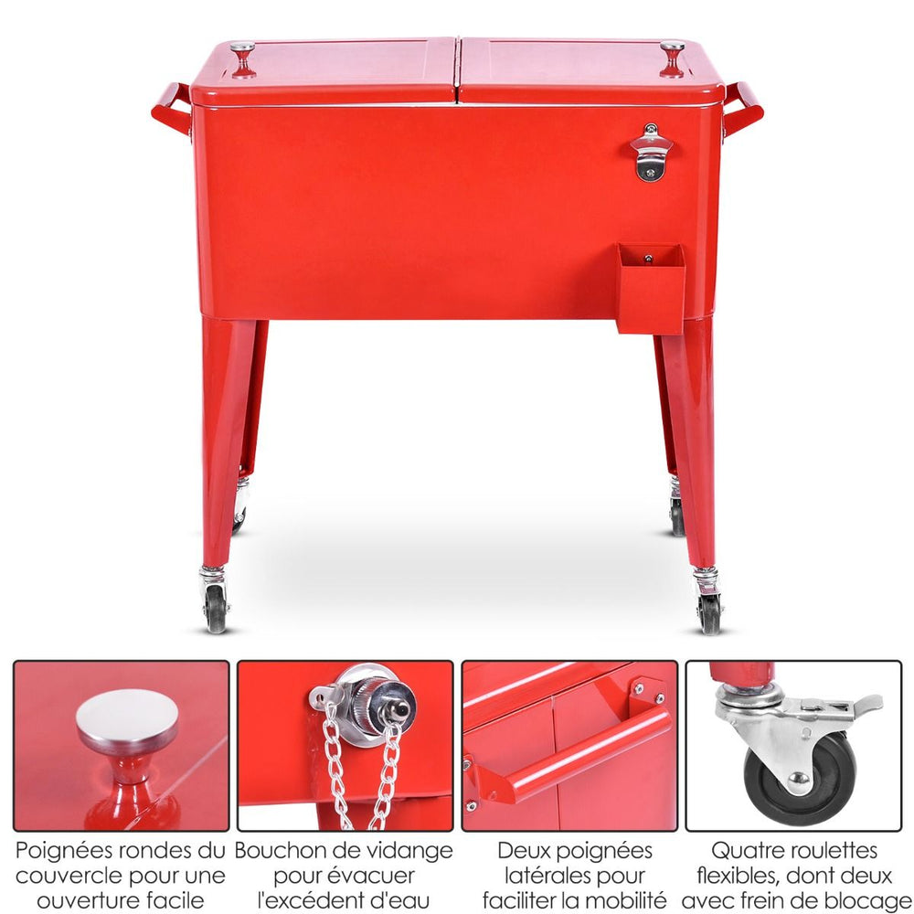 Chariot Isotherme Roulant de 76L Rfrigrant avec Roulettes Universelles Ouvre-bouteille Desserte Jardin pour Conserver Glace et Boissons -
