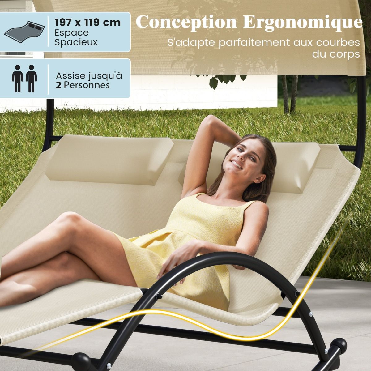 Chaise Longue Double Chaise  Bascule pour 2 Personnes 2 Appui-T锚tes Amovibles Cadre en Mtal Robuste Lit de Repos Ergonomique 2 Places Gris/Noir/Beige -