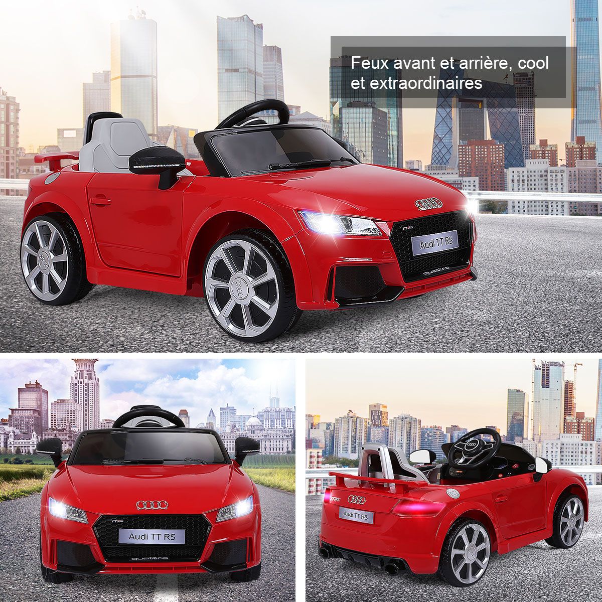 Voiture TTRS Electrique pour Enfants 12V Max. 5 Km/h Double Porte avec Tlcommande 2.4G Blanc/Rouge -