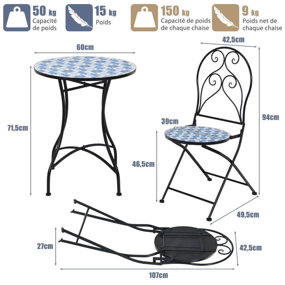 Ensemble Table et 2 Chaises Pliantes de Bistrot 2 Personnes Design Carreaux de Mosa茂que Colls sur du Ciment pour Terrasse -