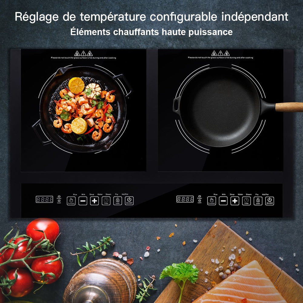Double Plaque de Cuisson Electrique en Vitrocéramique 1800W+1800W 2 Zones 8 Niveaux de Température/Puissance Variables Noir -
