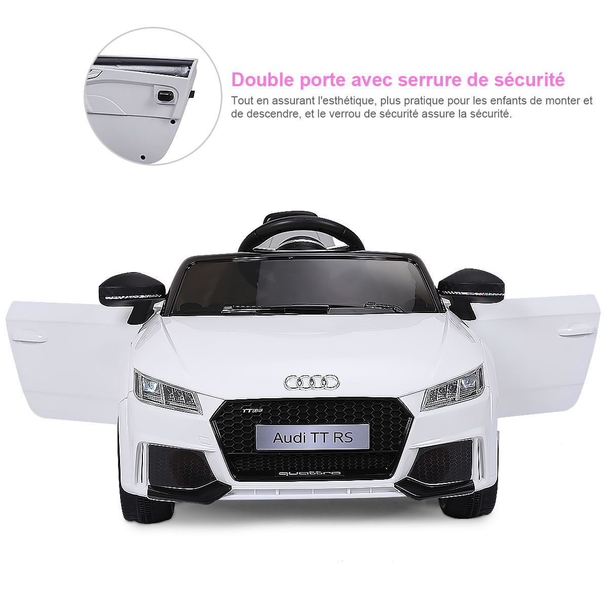 Voiture TTRS Electrique pour Enfants 12V Max. 5 Km/h Double Porte avec Télécommande 2.4G Blanc/Rouge -