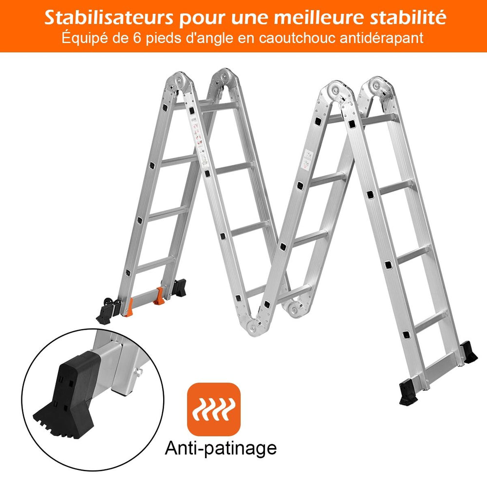Échelle Polyvalente 5 en 1 avec 2 Montants 4 Plis 15 Echelons Pliable et Multifonction Capacité 150kg en Aluminium -