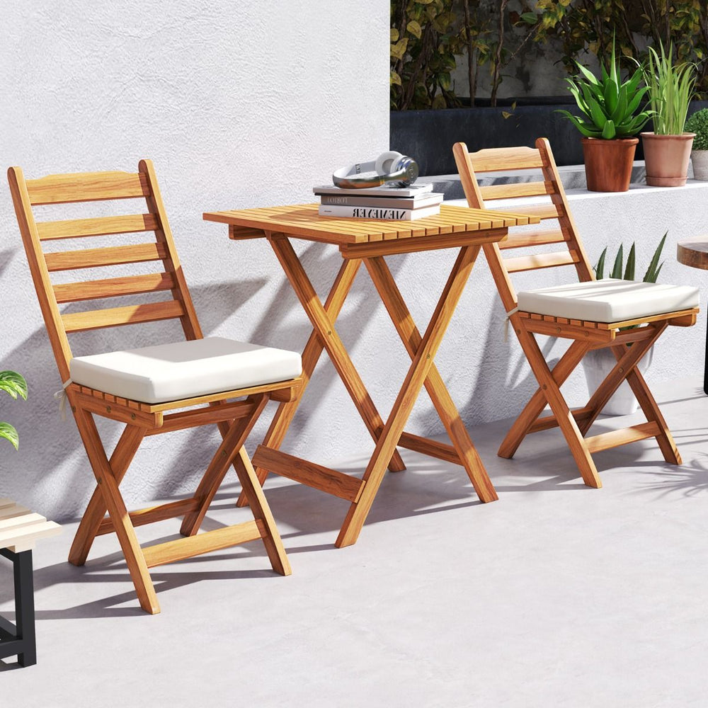 Ensemble Bistrot d'Extérieur en Bois d'Acacia Ensemble de Chaises Pliantes et Table Coussins de Siège Sans Accoudoirs à Dossier Haut Blanc -
