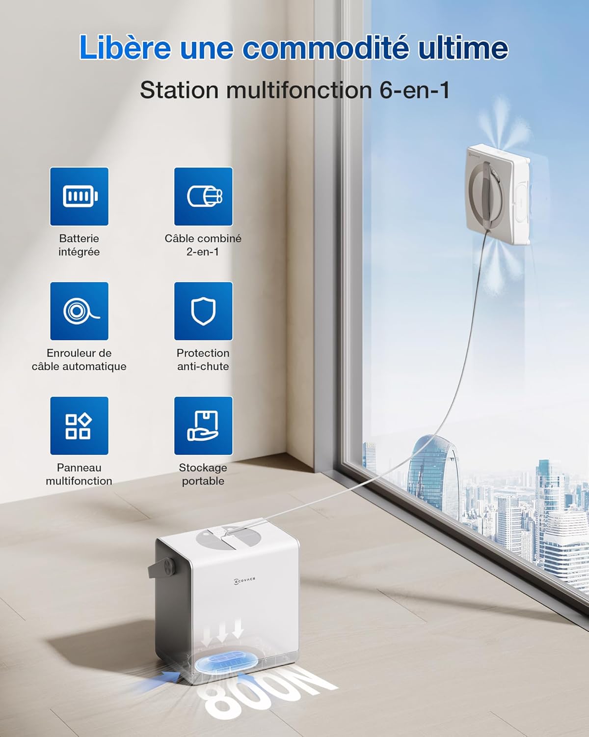 ECOVACS WINBOT W2 Pro Omni Robot Nettoyeur de vitres avec Station Multifonction, se Recharge Pendant Le Fonctionnement, buse à Triple Embout, système de Protection à 12 Niveaux