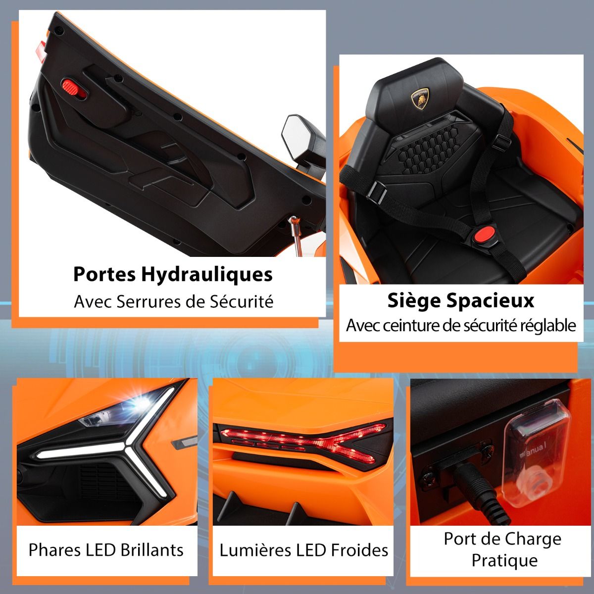 Voiture Electrique 12V pour Enfants Sous Licence Revuelto Télécommande Portes Hydrauliques pour 37-95 Mois Gris/Orange -