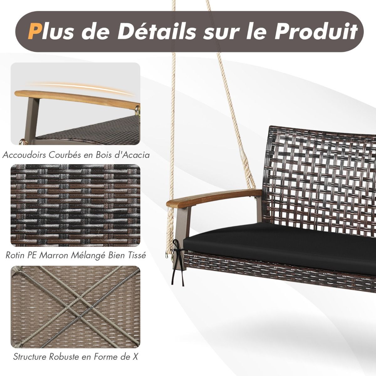Banc Suspendu de Jardin en Rotin 2 Place Accoudoirs en Bois d'Acacia Cadre en Métal Coussin Cordes Crochets Blanc/Noir -