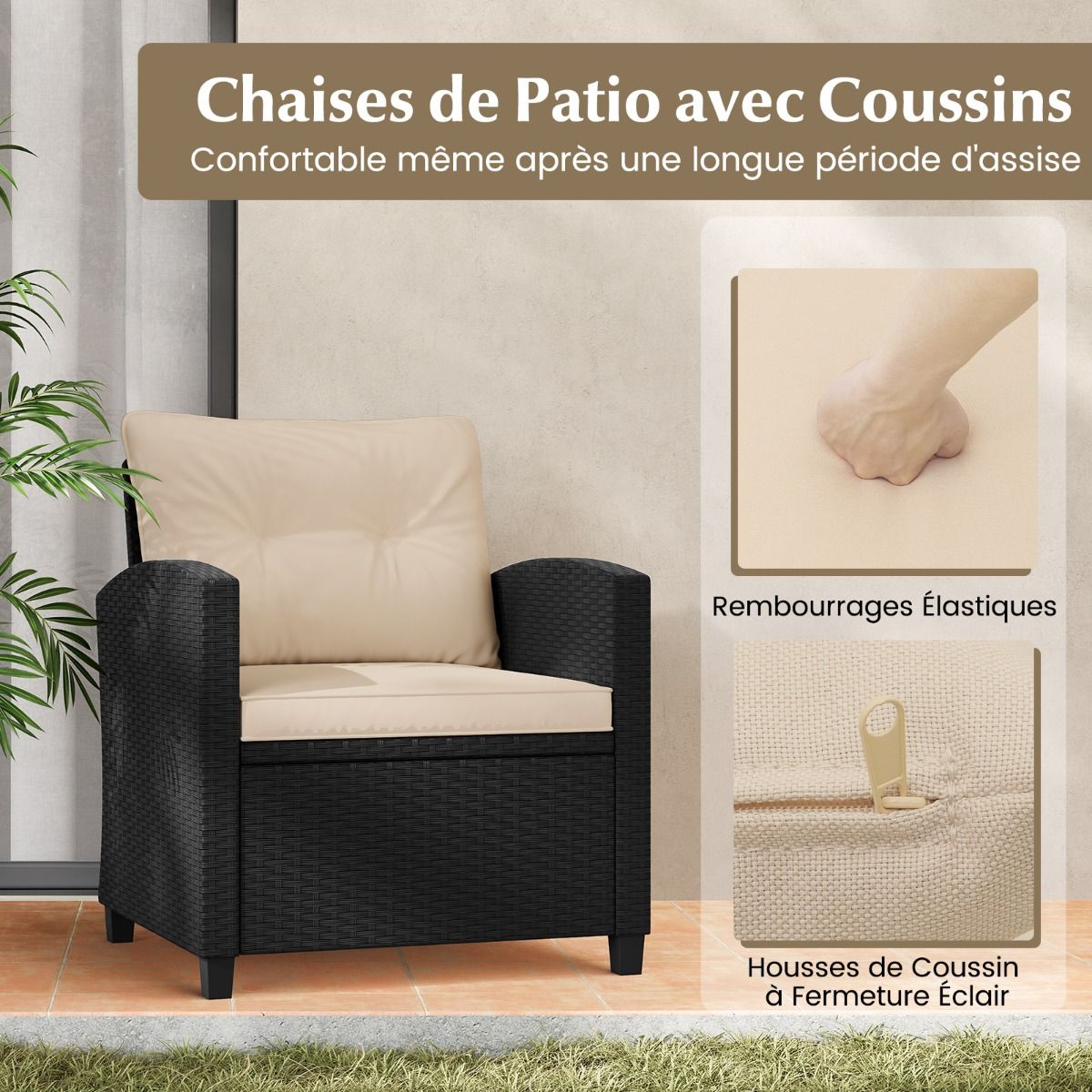 Ensemble de Meubles 3 Pièces de Patio en Rotin Charge 180KG Salon de Jardin 2 Fauteuils Table Basse avec Plateau Noir/Beige/Blanc -