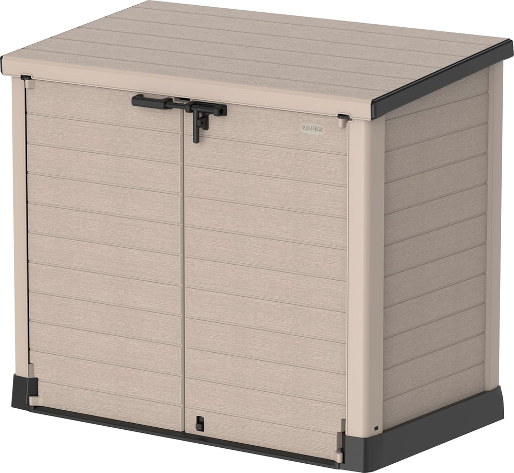 Duramax StoreAway 1200L Plastic Garden Shed/ Flat Lid,Outdoor Storage Shed,Wheelie Bin Hideaways,Wheelie bin box,Durable Construction,Ideal for Bikes,BBQs & 2x 240L Bins,145x85x125 cm,Brown