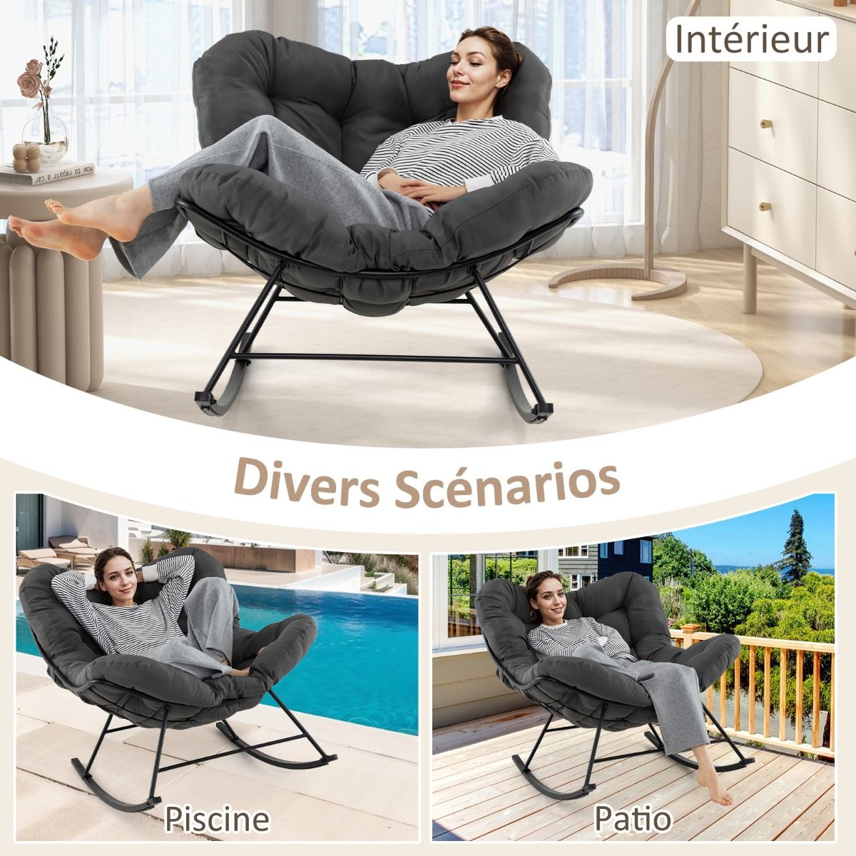 Chaise à Bascule d'Intérieur et d'Extérieur Chaise Papasan Surdimensionnée avec Coussin Rembourré & Cadre en Métal Capacité 205 Kg Gris -