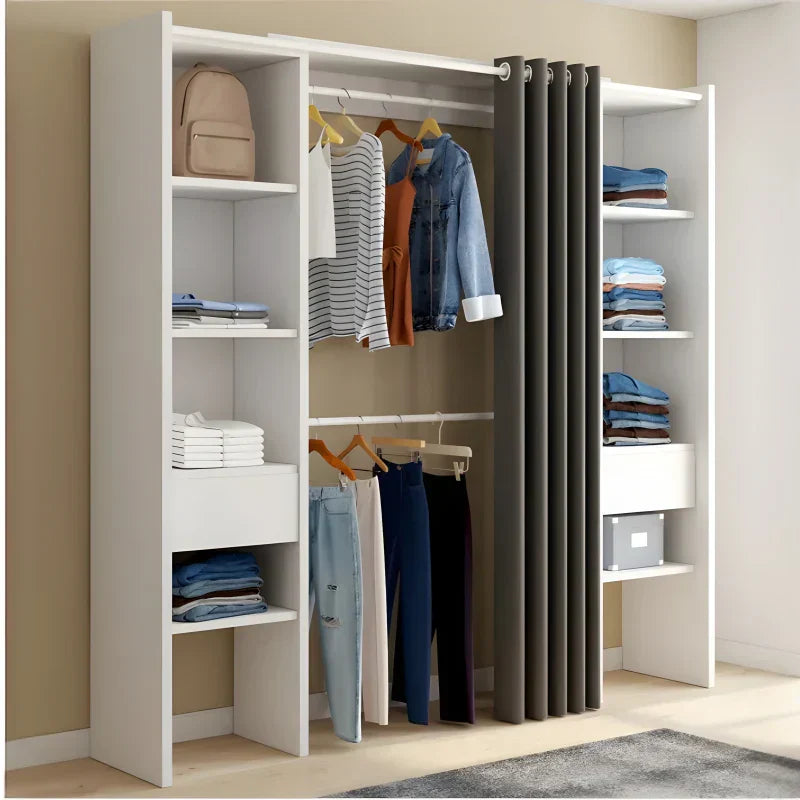 Dressing Extensible Blanc & Gris avec Rideau - tagres - Double Penderie -
