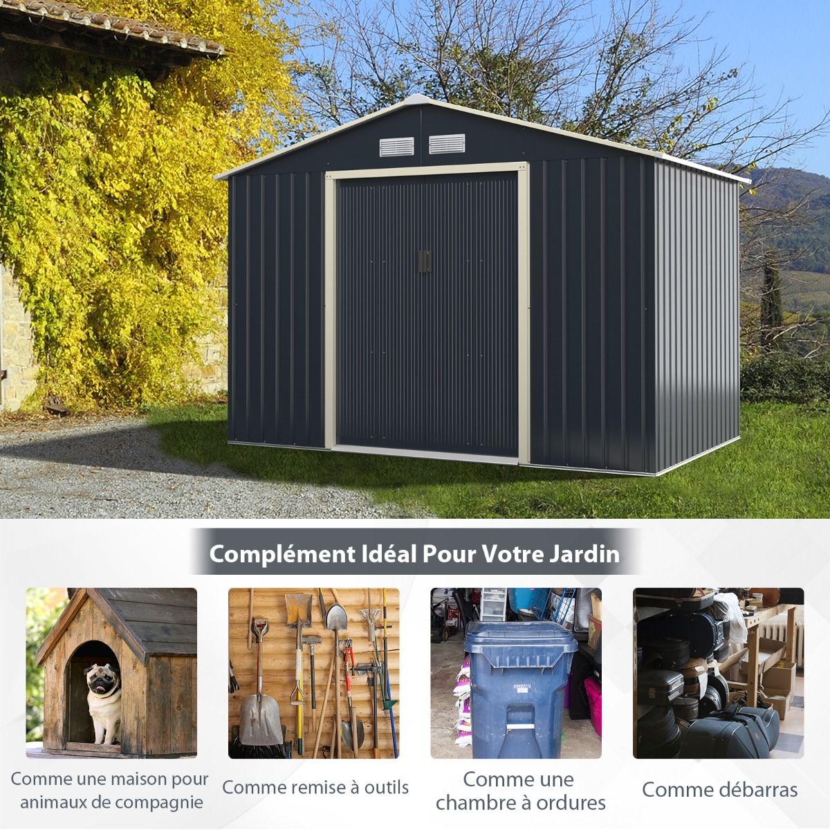 Abri de Jardin en Mtal 5,29 銕77 x 191 x 202 cm avec 2 Portes Coulissantes Verrouillables 4 Trous d橝ration Gris pour Vlo -