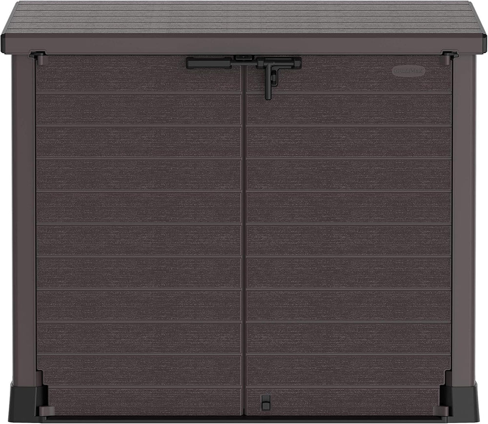 Duramax StoreAway 1200L Plastic Garden Shed/ Flat Lid,Outdoor Storage Shed,Wheelie Bin Hideaways,Wheelie bin box,Durable Construction,Ideal for Bikes,BBQs & 2x 240L Bins,145x85x125 cm,Brown