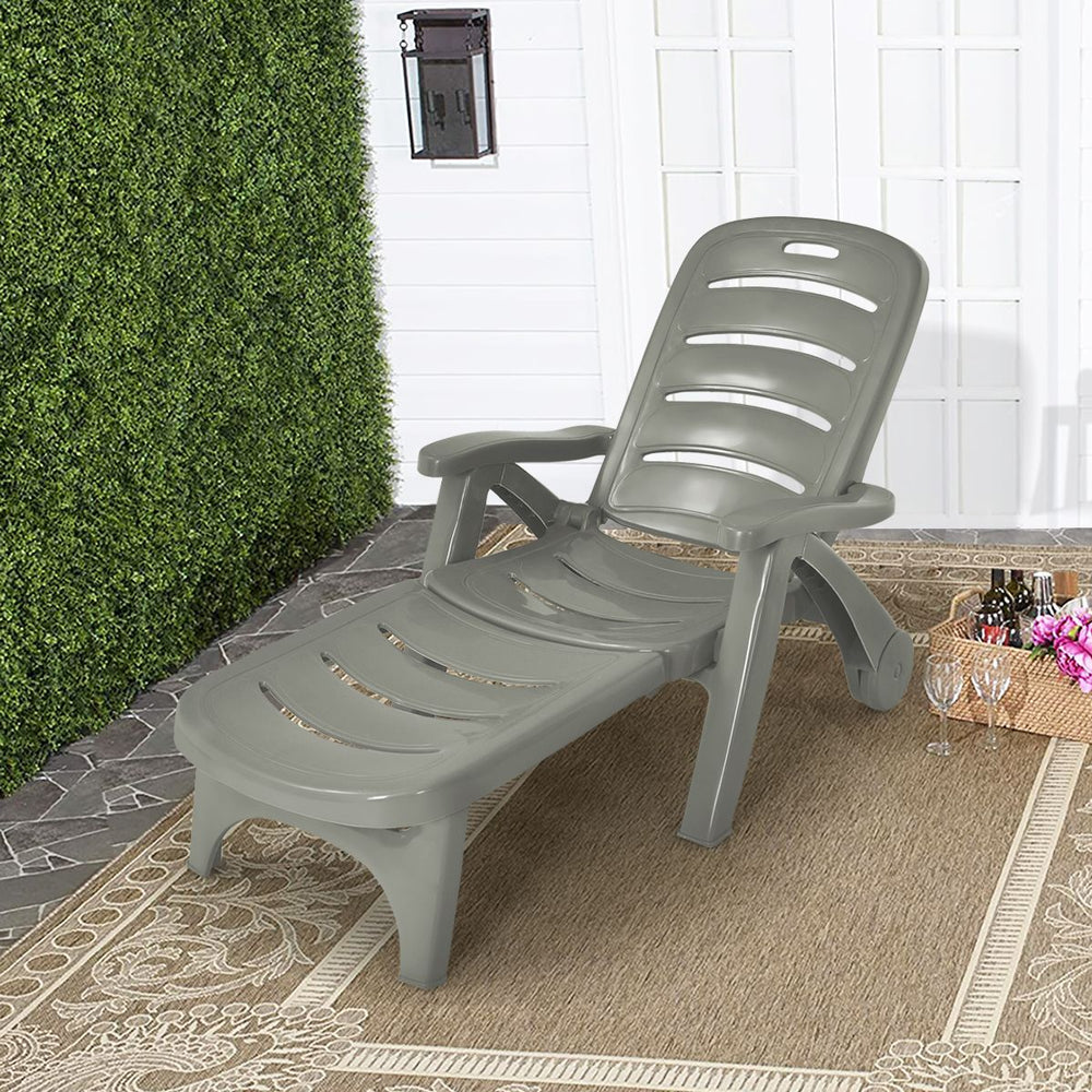 Chaise Longue Pliable Dossier Inclinable à 5 Positions avec Roues Intégrées pour Terrasse Jardin Piscine 150 kg Gris/Blanc/Bleu -