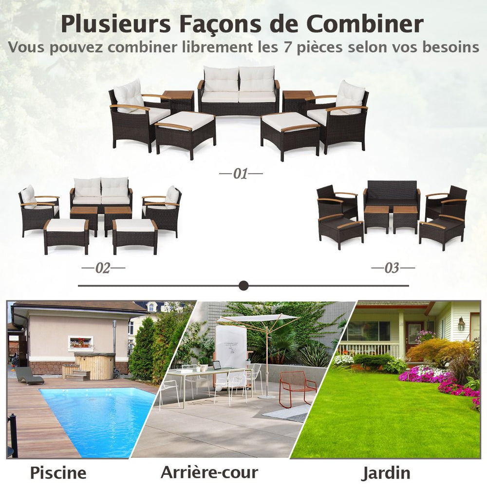 Ensemble de Canaps de Patio en Rotin PE 7 Pices avec Coussins d'Assise et de Dossier 2 Poufs 2 Tables Basses Plateau de Table -