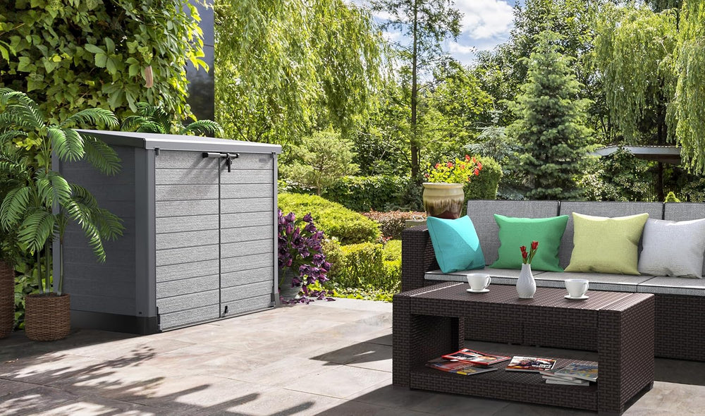 Duramax StoreAway 1200L Plastic Garden Shed/ Flat Lid,Outdoor Storage Shed,Wheelie Bin Hideaways,Wheelie bin box,Durable Construction,Ideal for Bikes,BBQs & 2x 240L Bins,145x85x125 cm,Brown