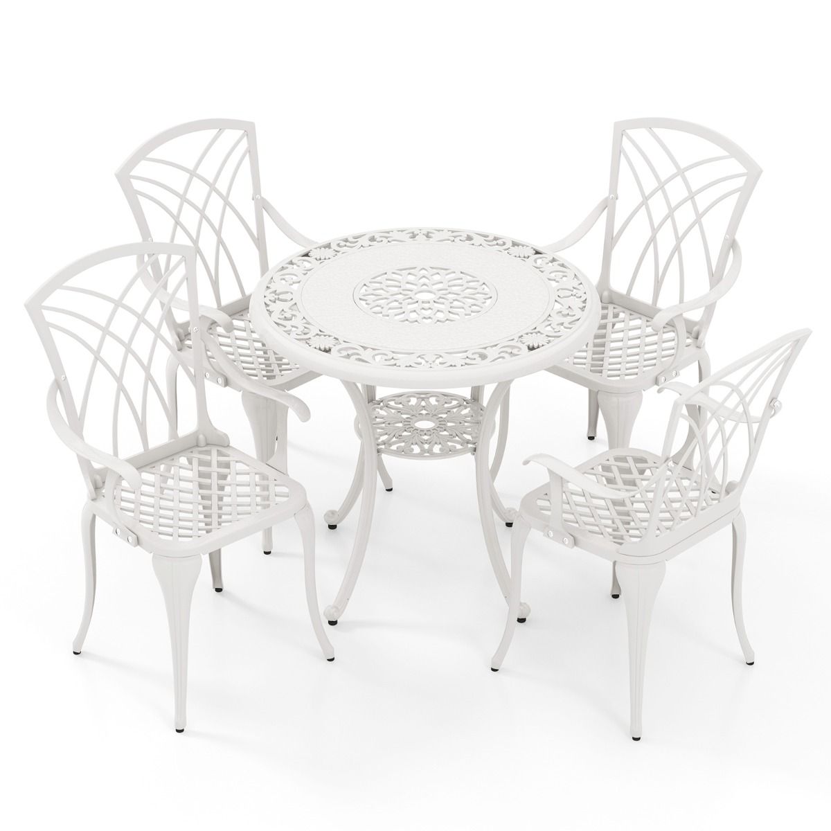 5 Pcs Salon de Jardin en Fonte d'Aluminium Trou pour Parasol Repose-pieds Réglables Ensemble de Table Ronde et 4 Chaises Blanc -