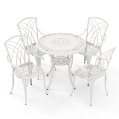 5 Pcs Salon de Jardin en Fonte d'Aluminium Trou pour Parasol Repose-pieds Réglables Ensemble de Table Ronde et 4 Chaises Blanc -