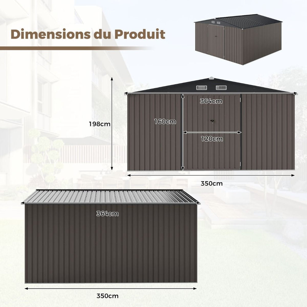 Abri de Stockage Extrieur Grand Hangar  Outils avec Design de Toit Inclin Portes Fermables avec Cls 4 Arations 350x350x198cm Gris -