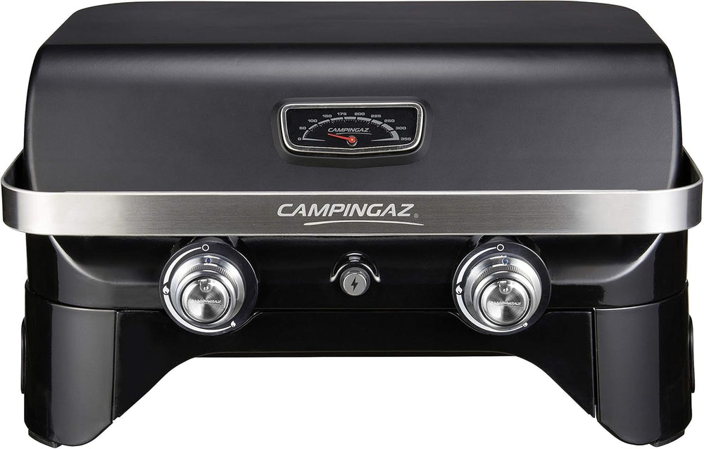 Attitude2go,Barbecue de Table à Faible fumée,BBQ Portable,à Couvercle,thermomètre,et Grille en Fonte,Alimentation : Cartouche de gaz CV 470 Plus,Gris