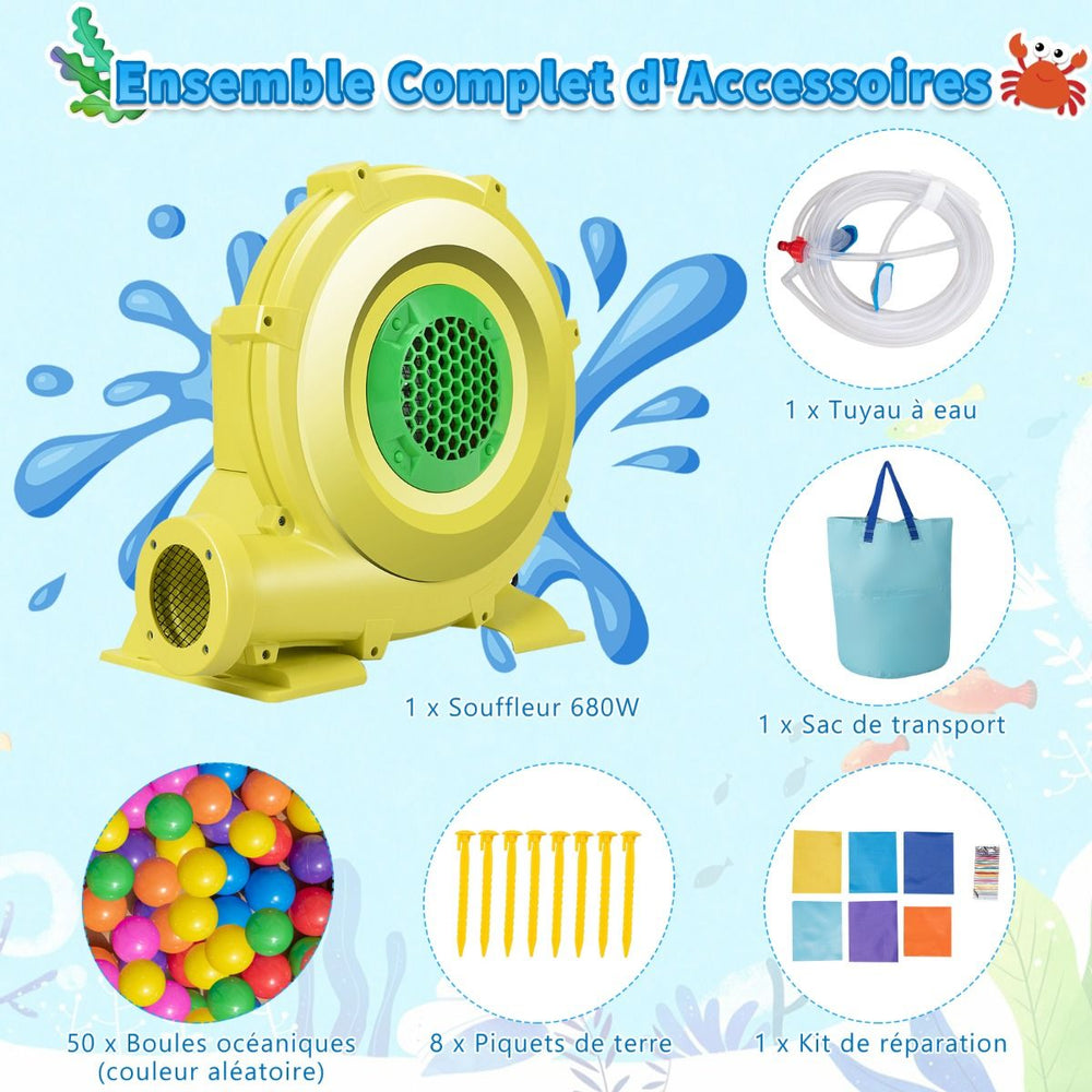 Ch芒teau Gonflable Ocan 6 en 1 avec Souffleur 680W Toboggan Aquatique & 2 Piscines Maison de Rebond Gonflable Charge 90kg -