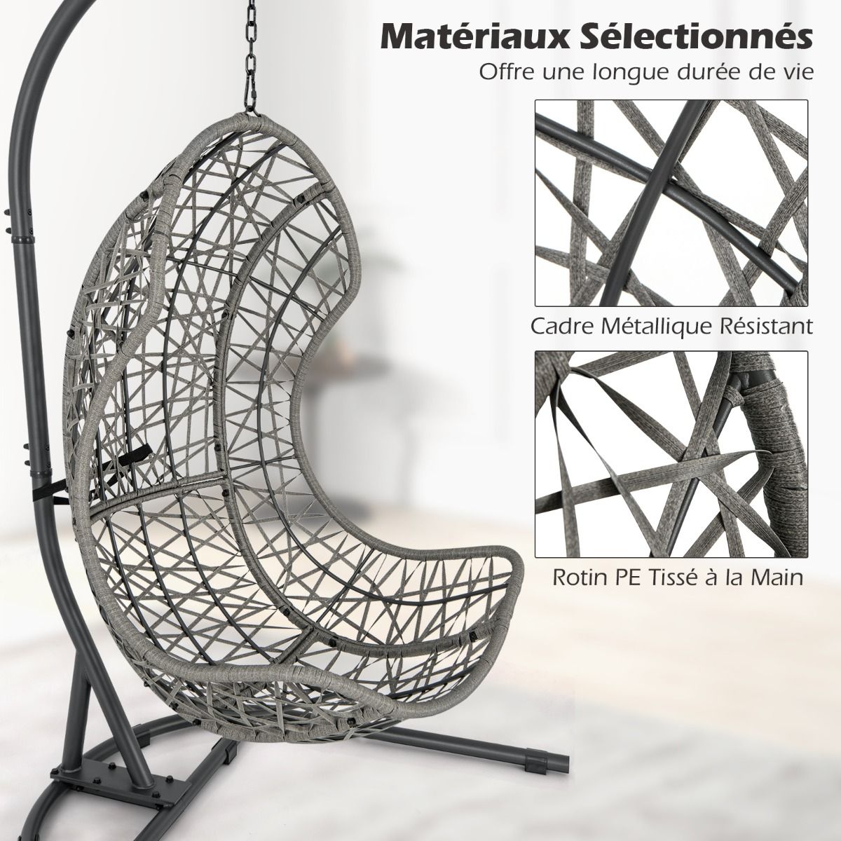Chaise Oeuf en Rotin PE avec Support avec Oreiller et Coussin Chaise Suspendue avec Accessoires de Suspension Capacit 160 Kg Gris -