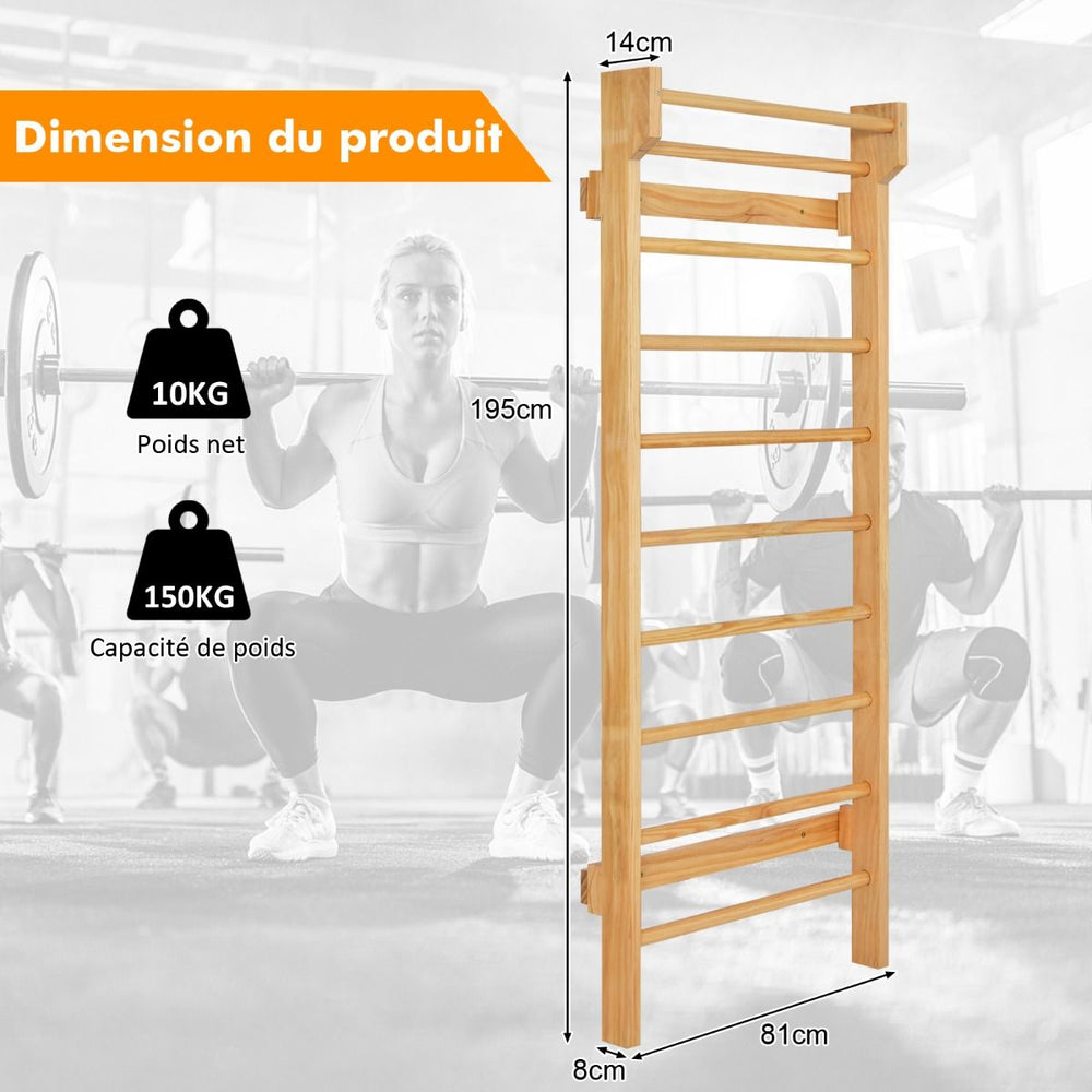 Espalier Mural Espalier de Gymnastique Capacité 150 kg Diamètre Barre 3,3 cm en Bois de Pin 195x80x14cm Naturel -