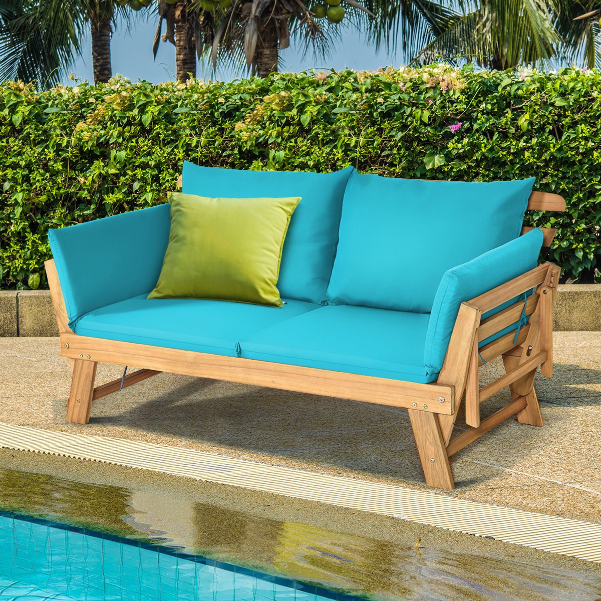 Chaise Longue Convertible avec Coussin Canapé de Jardin 2 en 1 en Bois d’Acacia avec Accoudoir Réglable pour Patio Piscine Jardin Blanc/Gris/Bleu/Rouge -