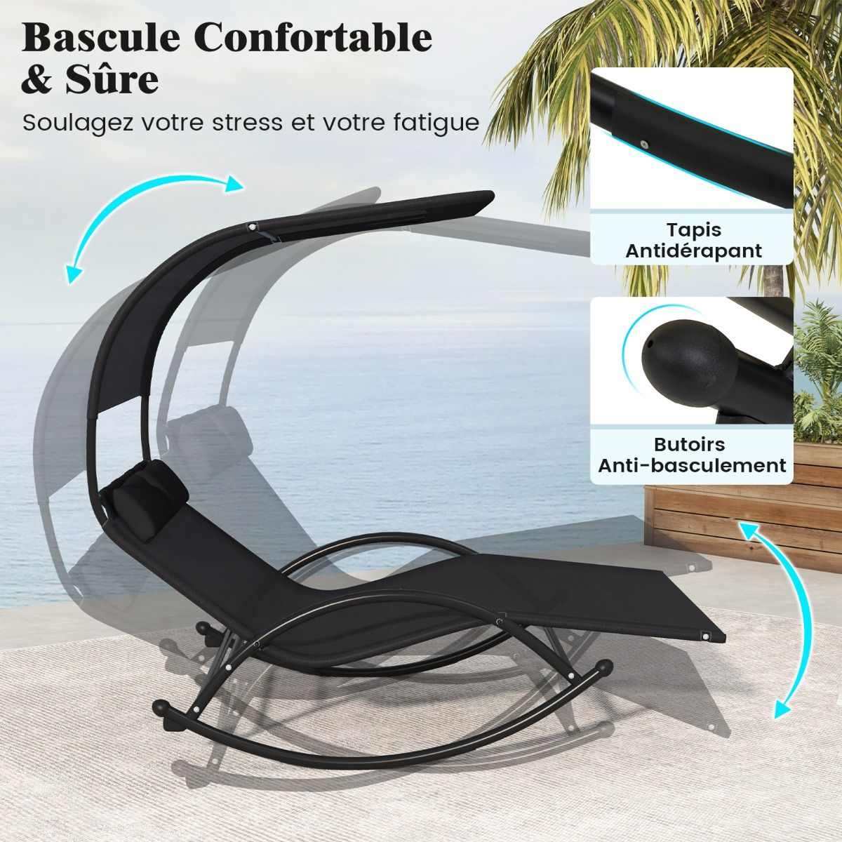 Chaise Longue Double Chaise  Bascule pour 2 Personnes 2 Appui-T锚tes Amovibles Cadre en Mtal Robuste Lit de Repos Ergonomique 2 Places Gris/Noir/Beige -