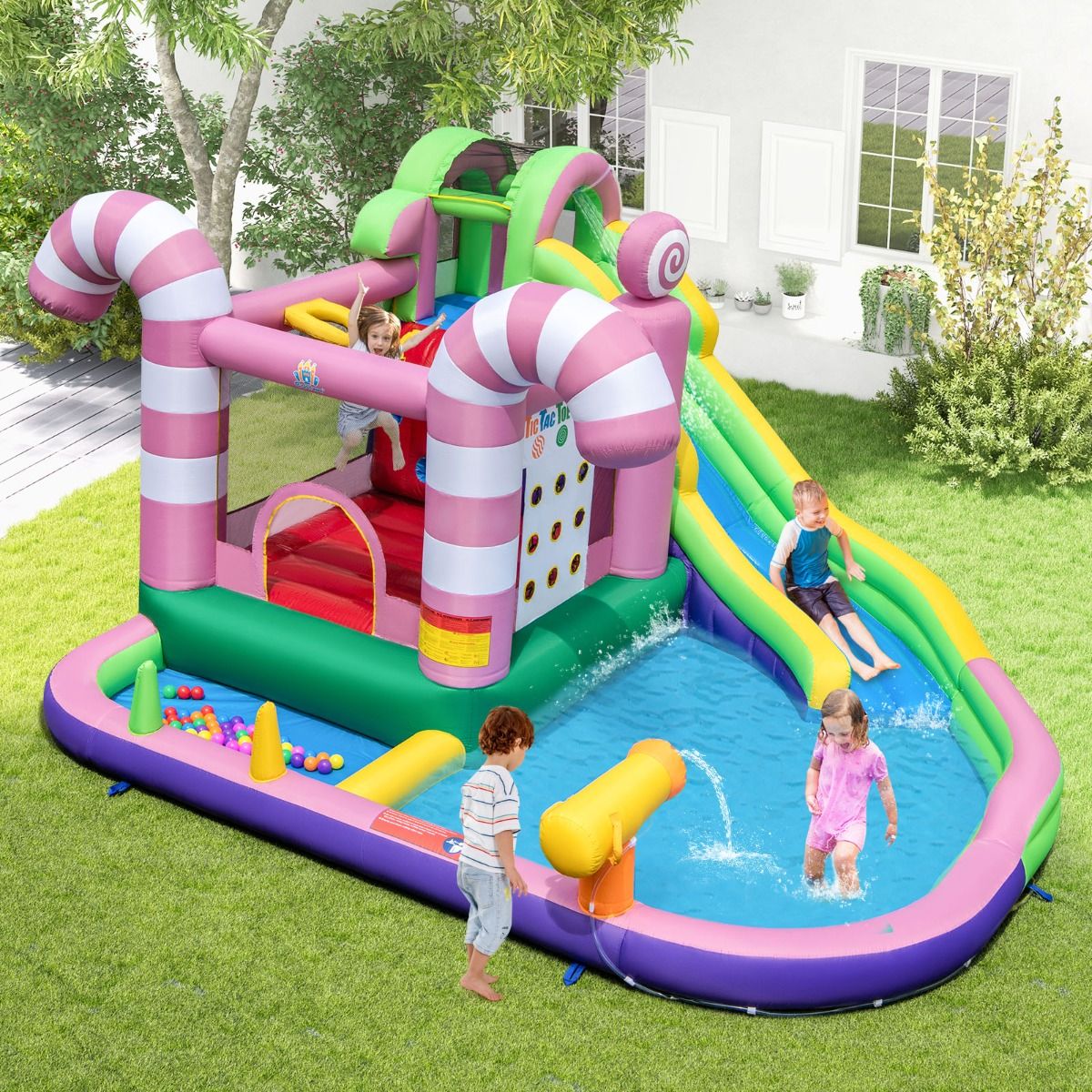 9 en 1 Château Gonflable en Forme Bonbons avec Toboggan Maison de Saut Gonflable avec Pistolet à Eau Charge 90kg pour 2 Enfants de 3-10 Ans -
