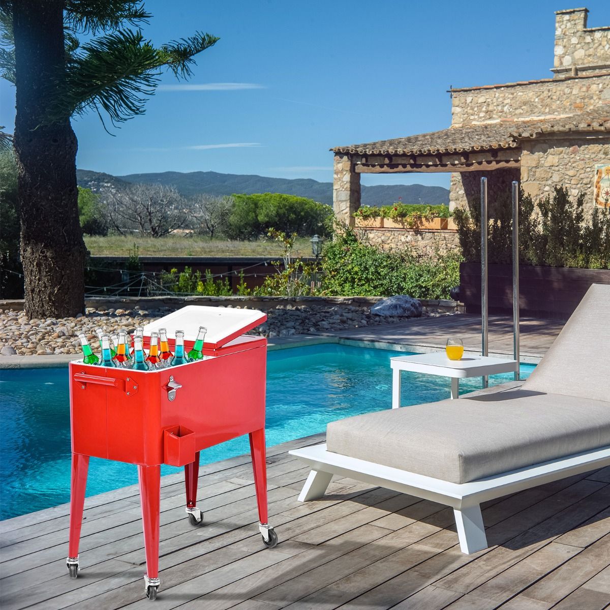 Chariot Isotherme Roulant de 76L Réfrigérant avec Roulettes Universelles Ouvre-bouteille Desserte Jardin pour Conserver Glace et Boissons -