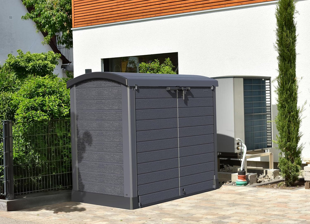 Duramax StoreAway 1200L Plastic Garden Shed/ Flat Lid,Outdoor Storage Shed,Wheelie Bin Hideaways,Wheelie bin box,Durable Construction,Ideal for Bikes,BBQs & 2x 240L Bins,145x85x125 cm,Brown