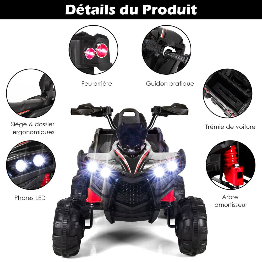 12V Quad Electrique Enfants avec Lumières LED et Musique Véhicule Electrique Enfants avec Démarrage Lent Charge 30kg 129 x 69 x 72 cm Noir/Rouge -