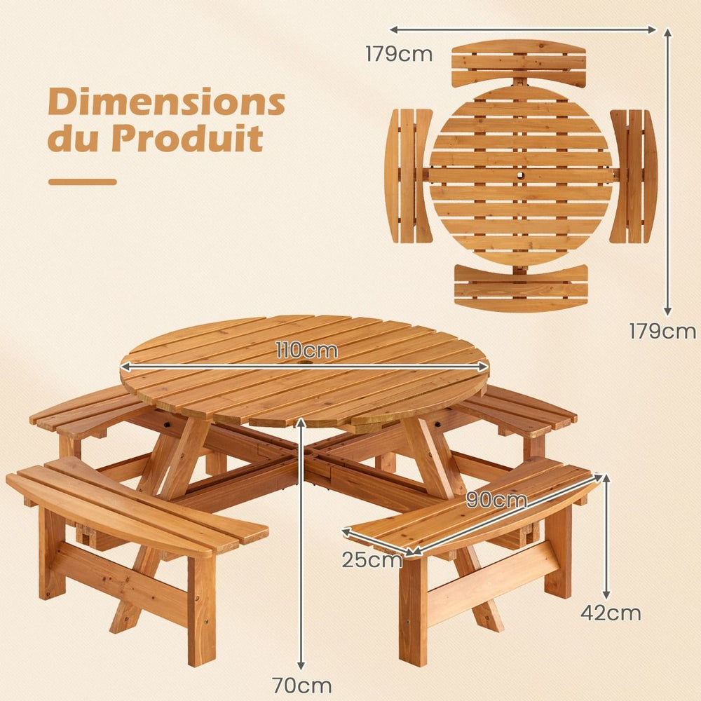 Ensemble Table de Pique-Nique en Bois pour 2 à 8 Personnes Set Table et Banc Circulaire avec 4 Bancs Intégrés Trou de Parasol de 5cm Marron/Jaune -