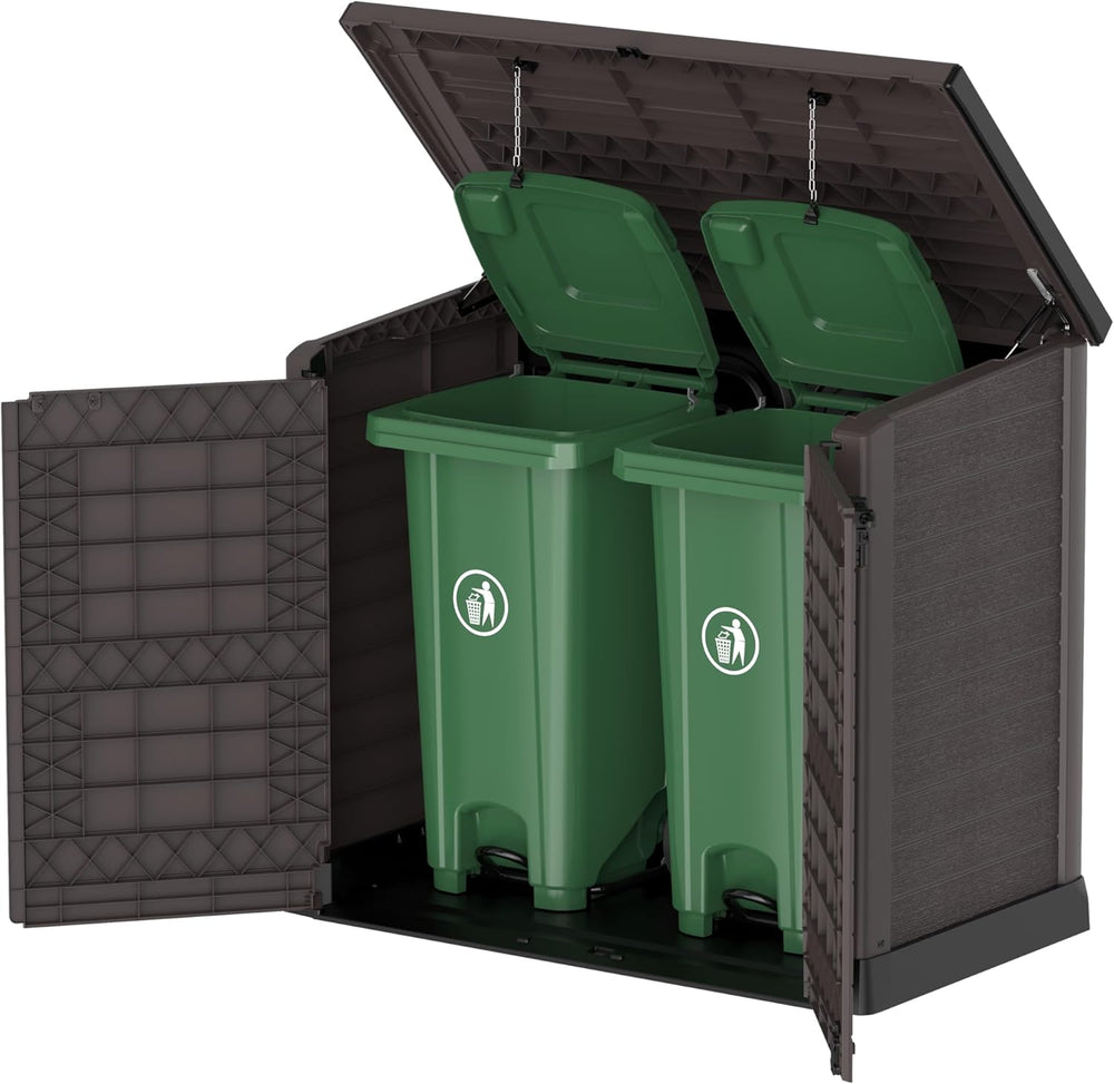 Duramax StoreAway 1200L Plastic Garden Shed/ Flat Lid,Outdoor Storage Shed,Wheelie Bin Hideaways,Wheelie bin box,Durable Construction,Ideal for Bikes,BBQs & 2x 240L Bins,145x85x125 cm,Brown