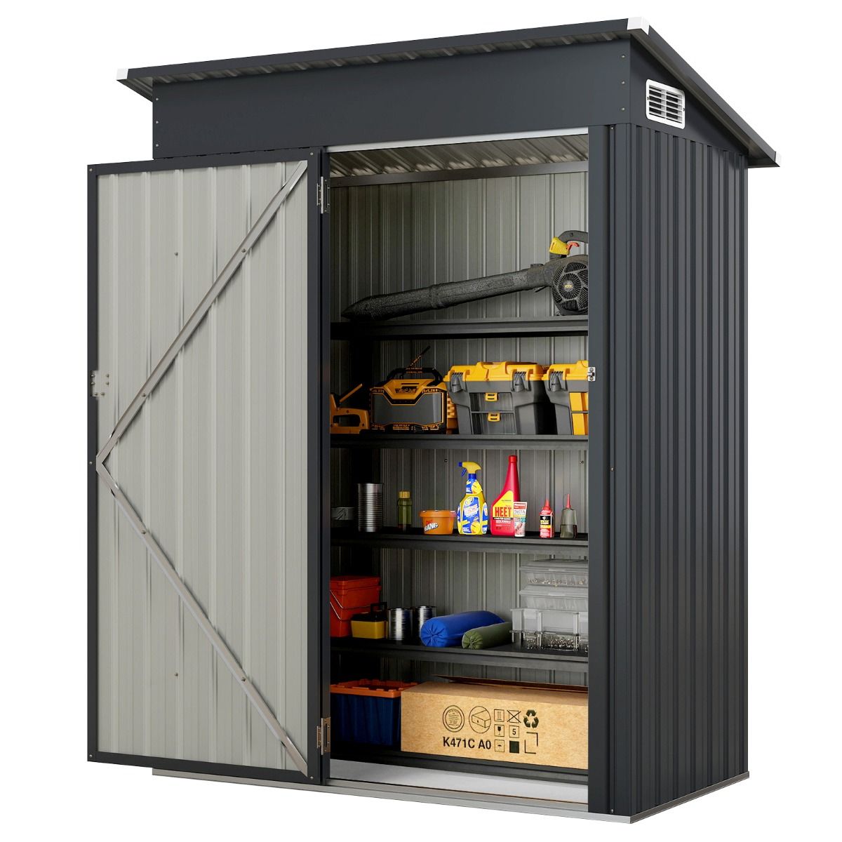 Abri de Rangement Toutes Saisons Abri  Outils Utilitaire avec Toit en Pente Porte Ouvrante Arations Cadre en Mtal Galvanis Gris -