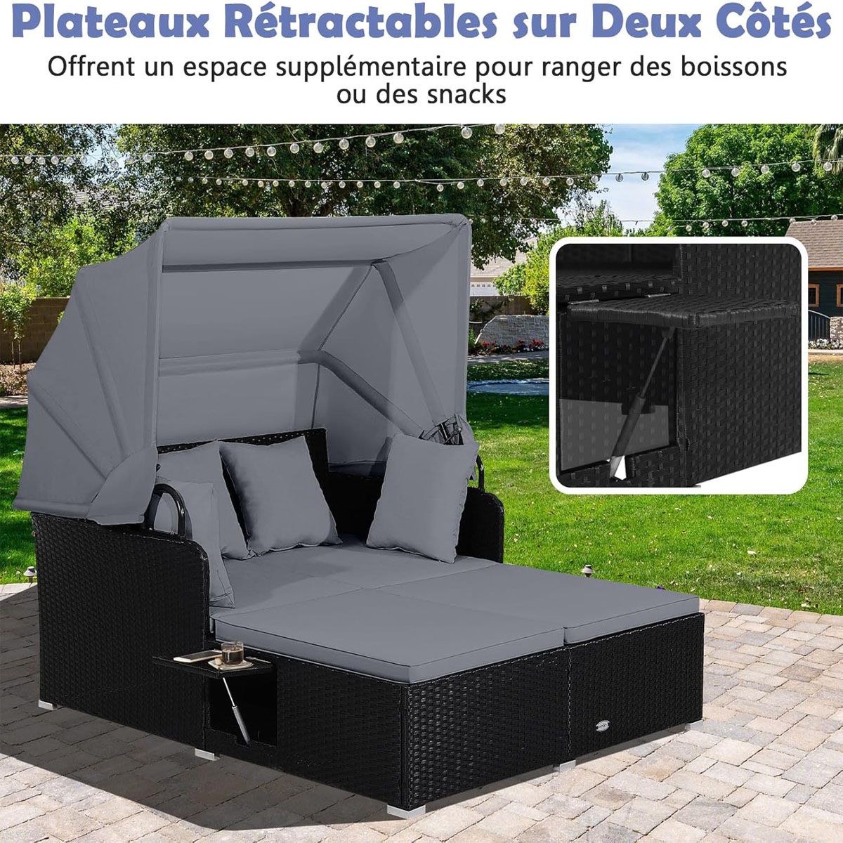 Chaise Longue à 2 Places en Rotin avec Auvent Rétractable Bain de Soleil avec Panneaux Latéraux Pliables Charge 360KG Beige/Gris -
