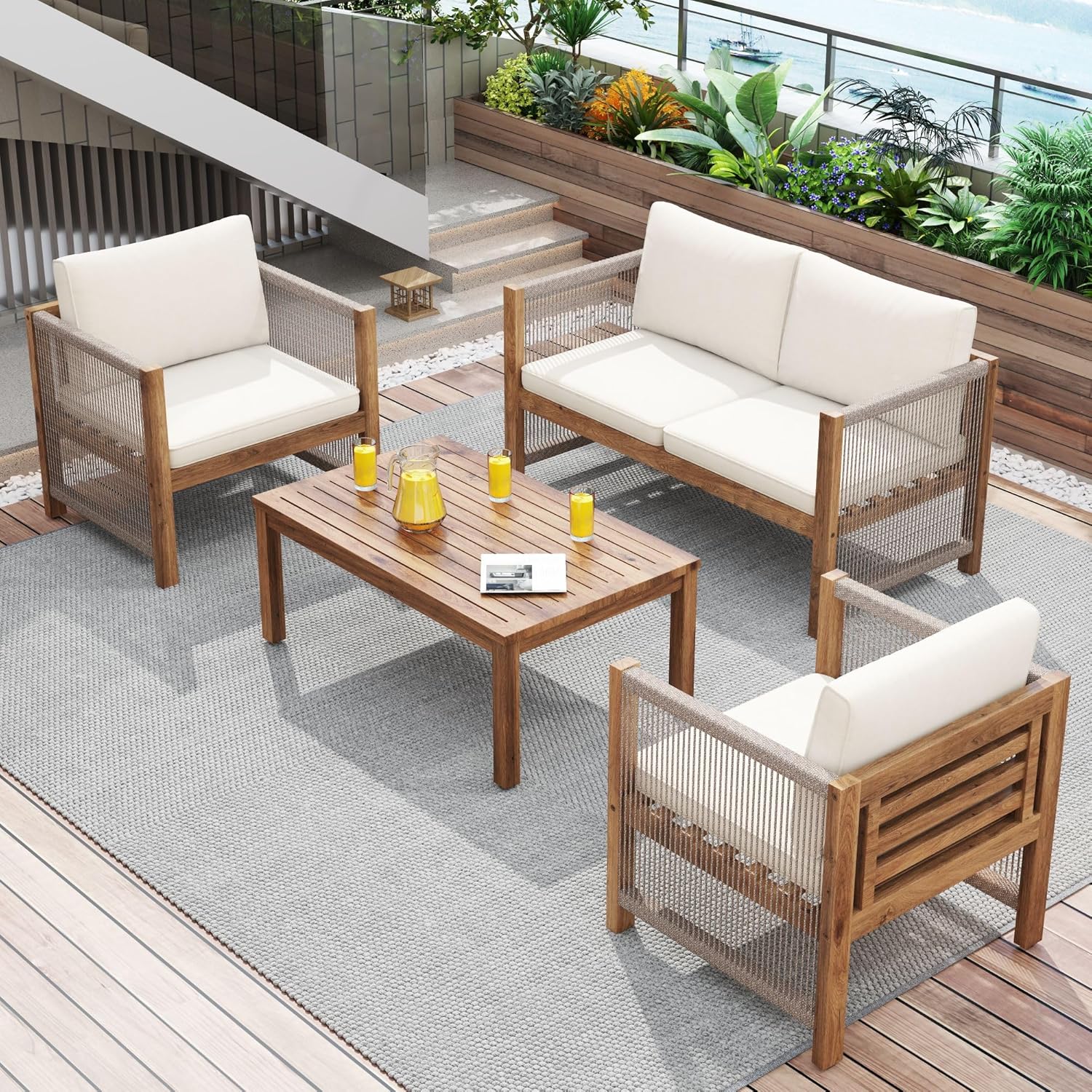 Salon de Jardin,Salon de Jardin 4 Personnes,avec canapé,Table Basse et Coussins,Housse en Tissu déhoussable et Lavable,Noir (Coussins d'assise Inclus)