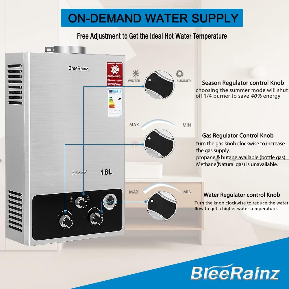 BreeRainz 18LPM Chauffe-Eau à Gaz,36KW Chauffe-Eau à Gaz Instantané Propane Butane,Pression d'eau de Démarrage Super Basse,pour Maison,Camping-car