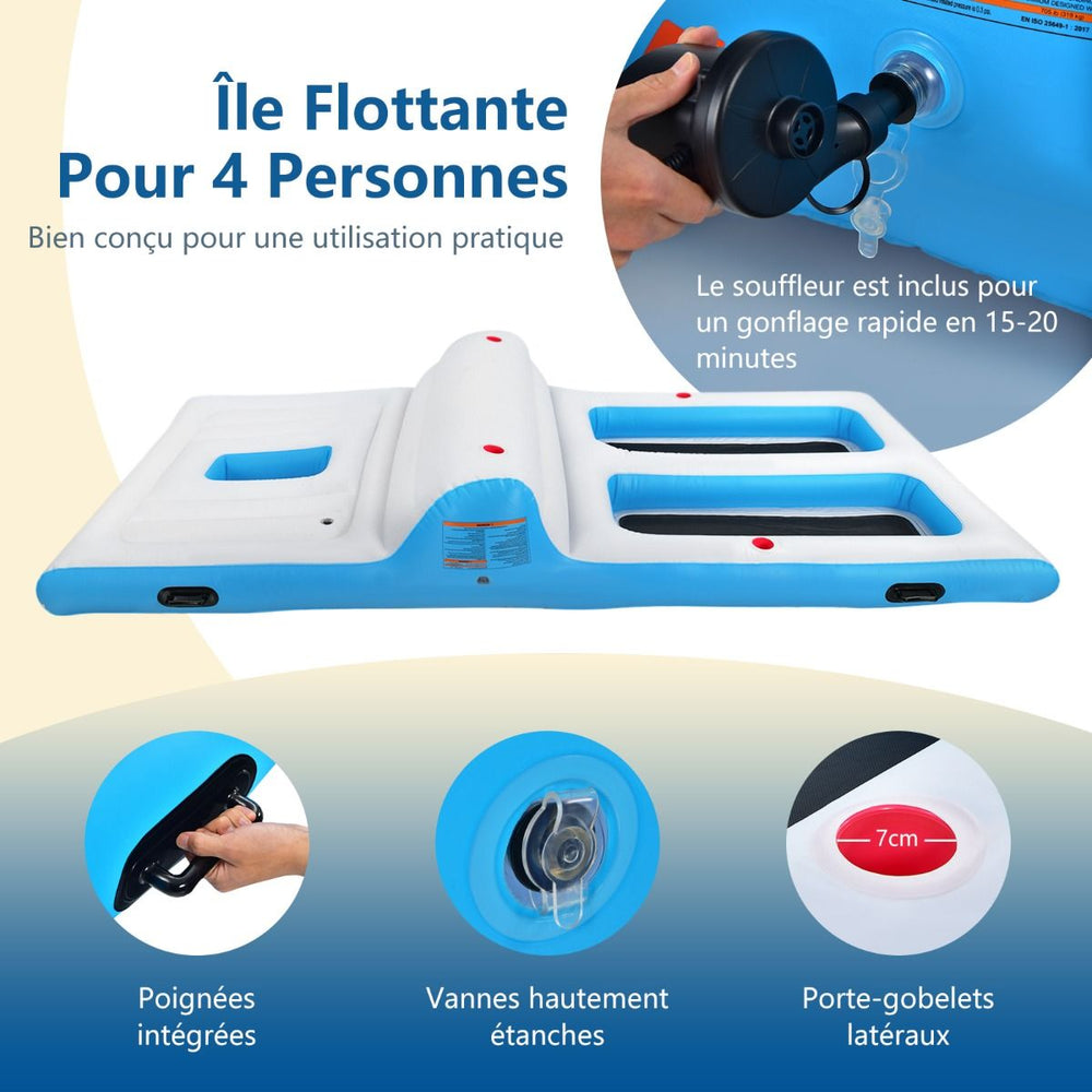 Île de Piscine Gonflable pour 4 Personnes avec Pompe Glacière Porte-Gobelets 360 x 197 x 66cm -