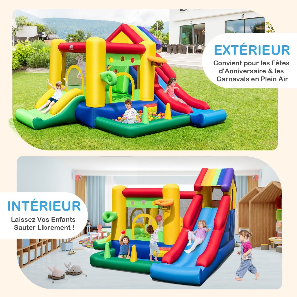 Ch芒teau Gonflable  Thme Arc-en-ciel 7 en 1 avec Ventilateur Double Toboggans Piscine  Balles Panier de Basket Charge 90kg -